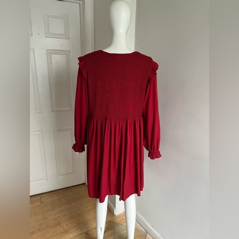 Beach Lunch Lounge Long Sleeve Smocked Babydoll Red A-line Dress V-neck Boho XXL - Picture 6 of 10